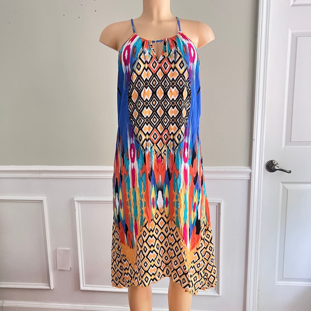 Summer Sun Shift Dress Womens Large Ikat Geometric Keyhole Multi Boho Summer